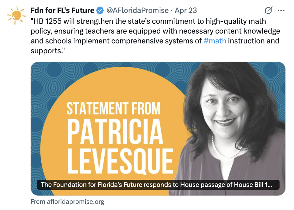 Screenshot of tweet from the FFF X account with a photo of Patricia Levesque and a link to her statement on House Bill 1255